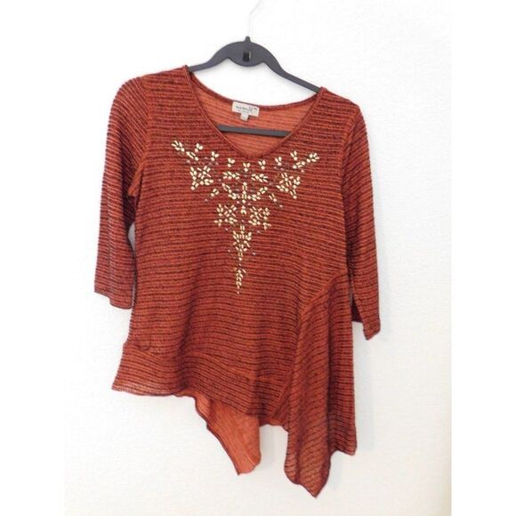 One World Women's Asymmetrical Hem Beaded Top Size Petite Medium - Picture 1 of 7